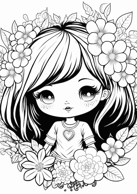 Black and White Coloring Page of a Cute Girl