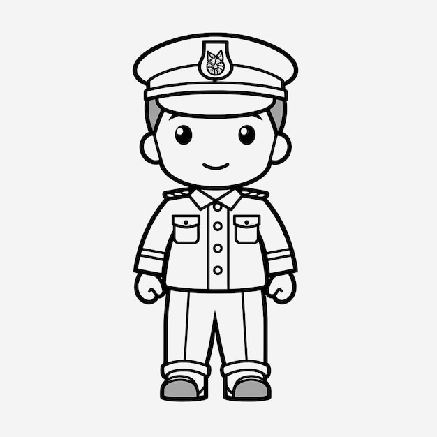 子供のためのかわいい警察官の黒と白のぬりえページ フラット ベクトル イラスト