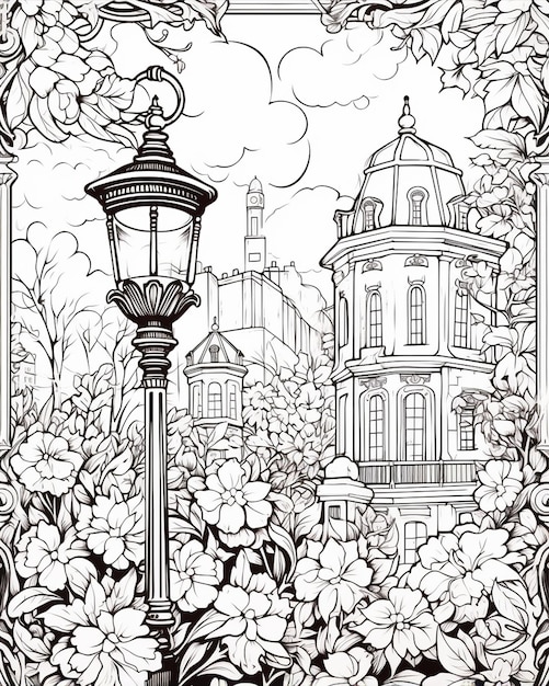 black and white coloring page with florals