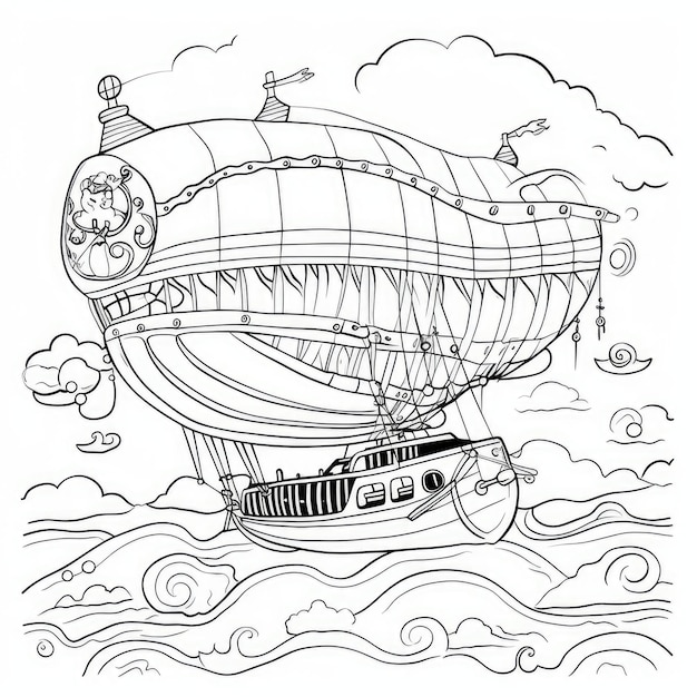 Black and white coloring picture of a airship