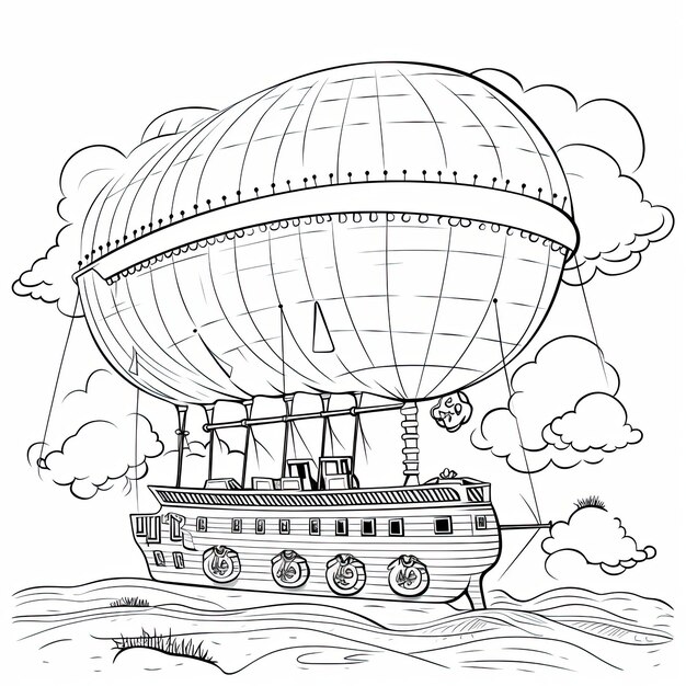 Black and white coloring picture of a airship