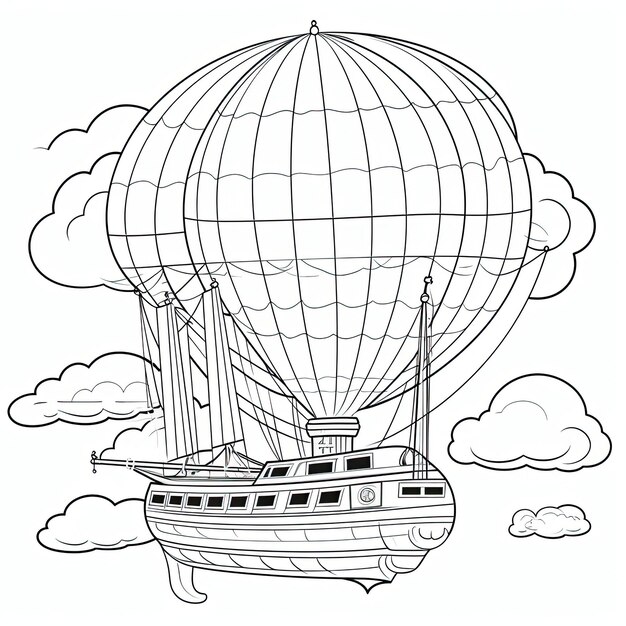 Black and white coloring picture of a airship