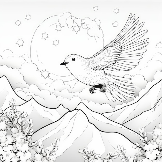 Photo black and white coloring picture of a birds flying in the sky