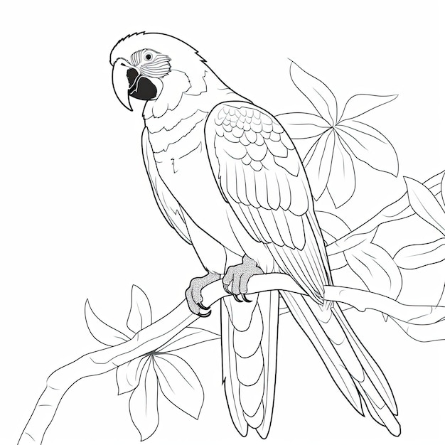 Photo black and white coloring picture of a blue macaw