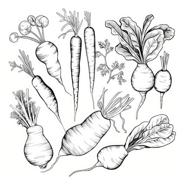 Photo black and white coloring picture of a carrot salad