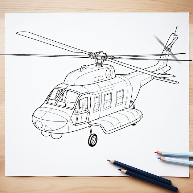 Black and white coloring picture of a construction helicopter