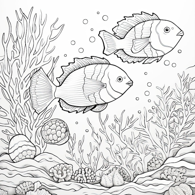 Black and white coloring picture of a coral reef with fishes
