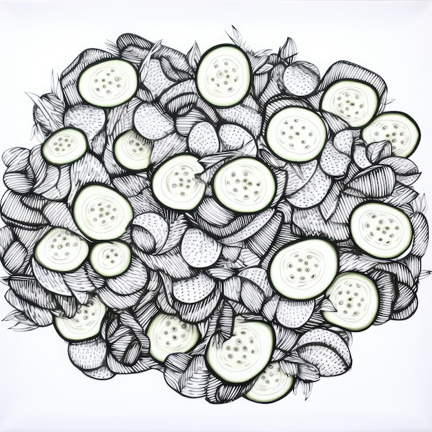 Black and white coloring picture of a cucumber salad