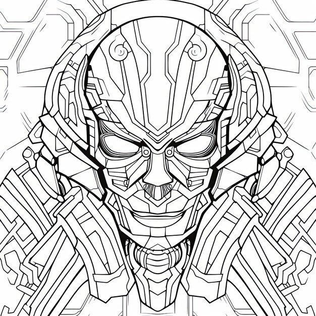 Black and white coloring picture of a cybernetic predator