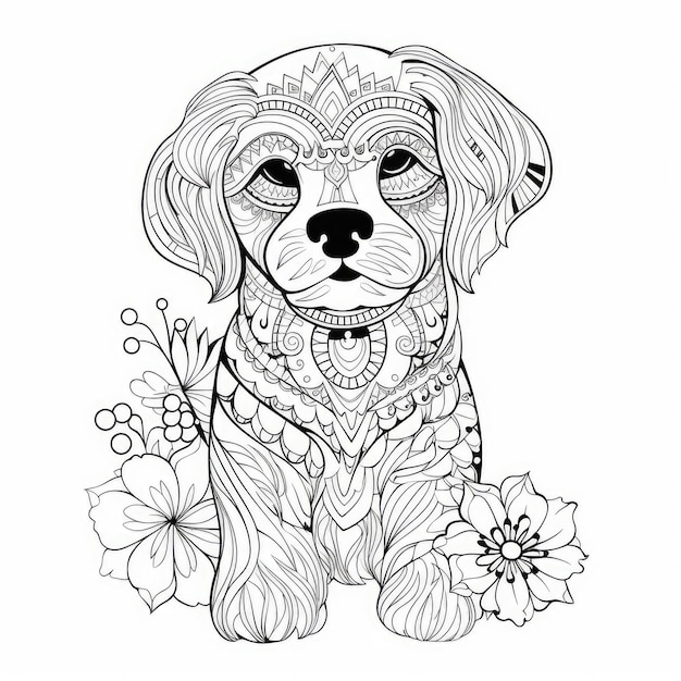 Black and white coloring picture of a dog