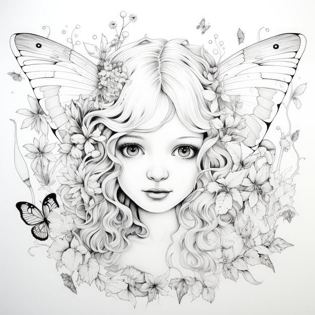 Black and white coloring picture of a fairy