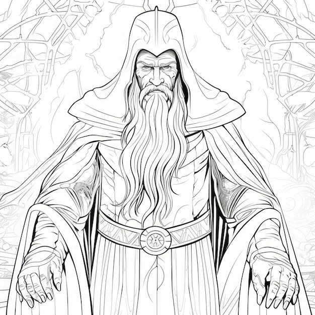 Black and white coloring picture of a fantastic cyber wizard