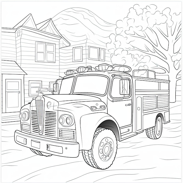 Black and white coloring picture of a fire truck