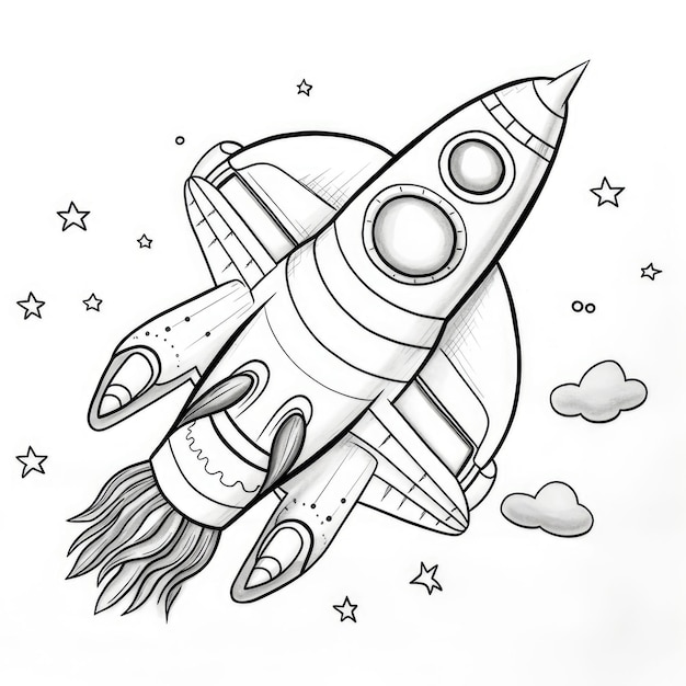 Photo black and white coloring picture of a flying spacecraft