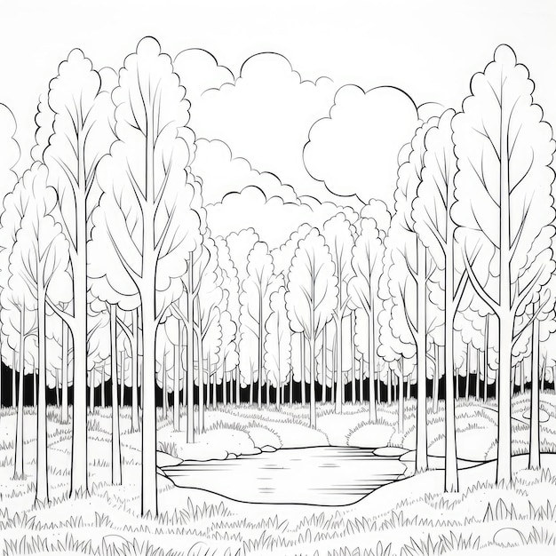 Photo black and white coloring picture of a forest