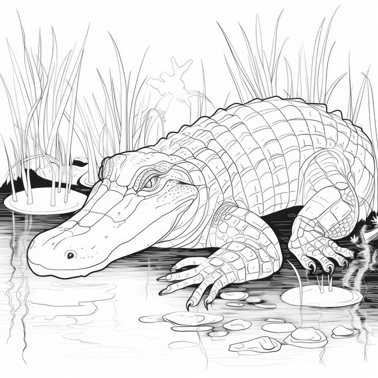 Black and white coloring picture of a freshwater crocodile