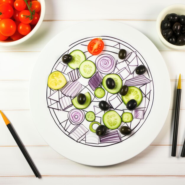 Foto immagine a colori in bianco e nero di un'insalata greca