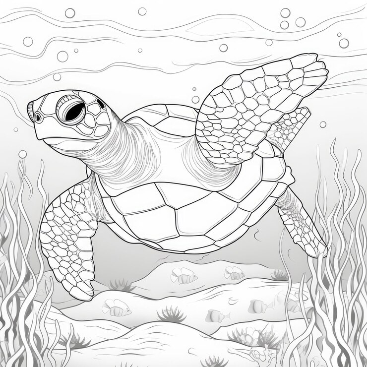 Black and white coloring picture of a leatherback turtle