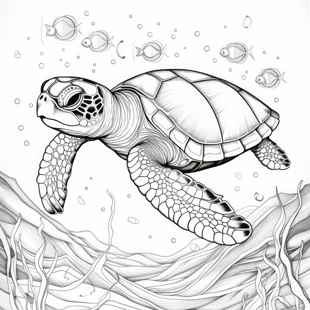 Black and white coloring picture of a loggerhead sea turtle