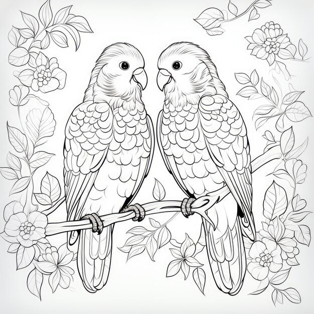 Photo black and white coloring picture of a lovebirds