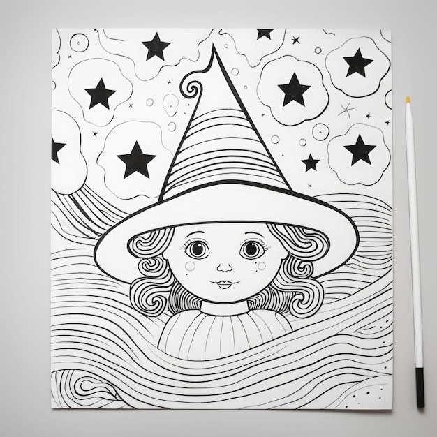 Black and white coloring picture of a magic spell