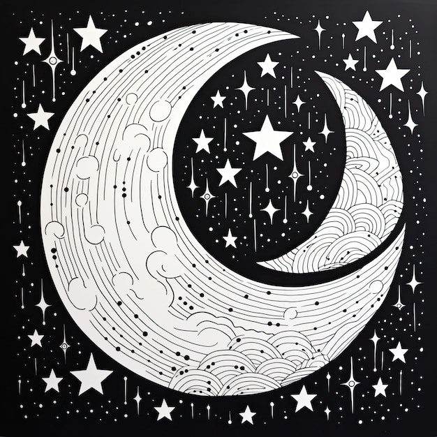 Photo black and white coloring picture of a moon surrounded by stars