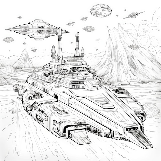 Black and white coloring picture of a space battle fleet