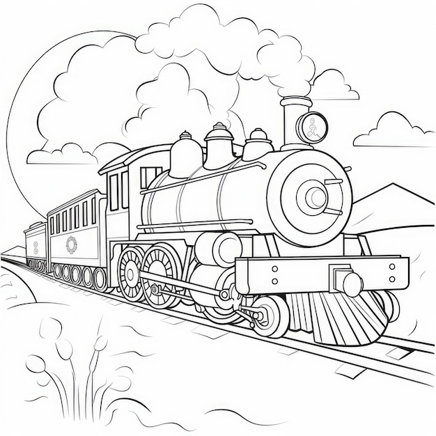 Photo black and white coloring picture of a steam locomotive