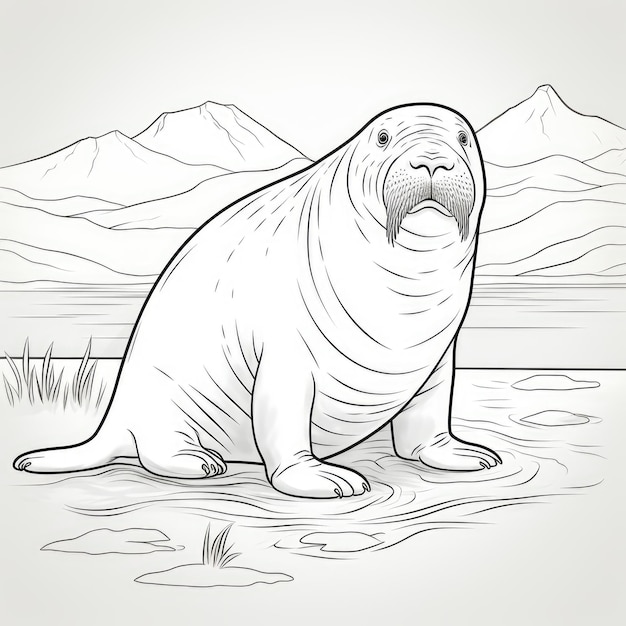 Black and white coloring picture of a walrus