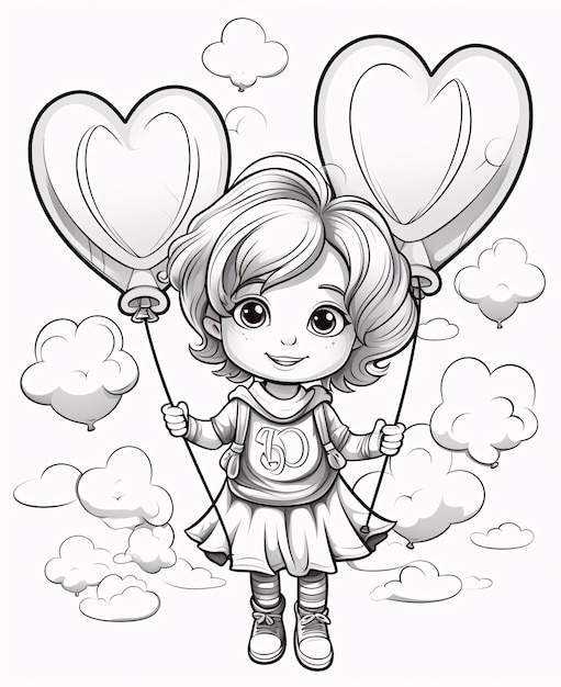 블랙 앤 화이트 컬러링 시트 어린 소녀가 구름 주위에 두 개의 심장 모양의 풍선을 들고 애정과 사랑의 상징으로 심장