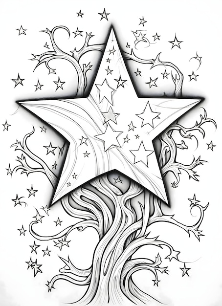 Black and White coloring sheet star on the tree The Christmas star as a symbol of the birth of the savior