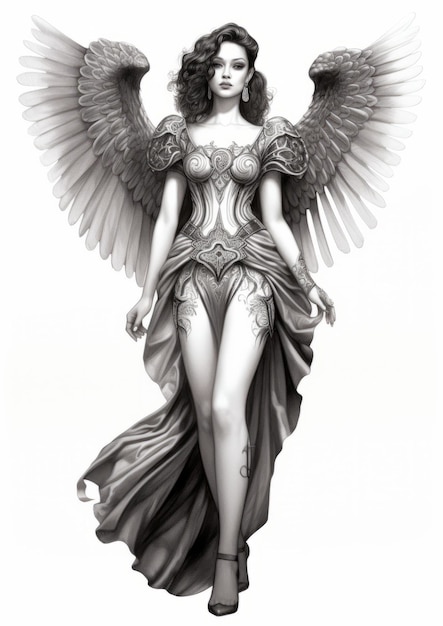 Black And White Comic Illustration Of Majestic Elvin Female Angel
