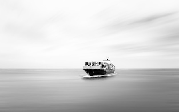 Black and white Container ship sailing in deep sea