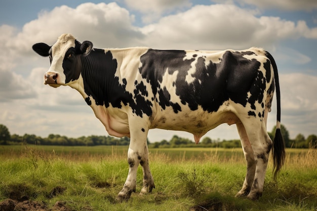 Черно-белая корова на пастбище