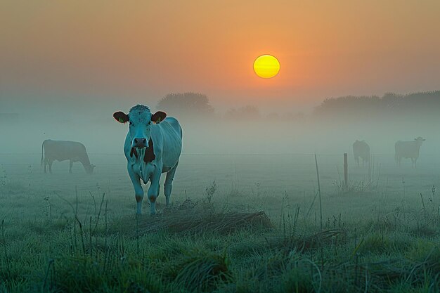 Black and white cow in spring or summer sunny field Cattle cow grazing on farmland