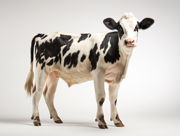 A black and white cow standing on a white surface