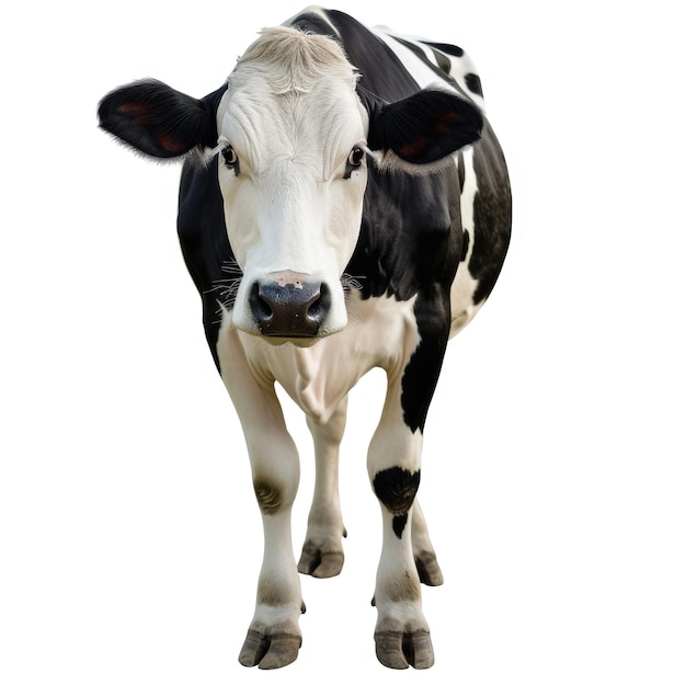 A black and white cow standing on a white surface