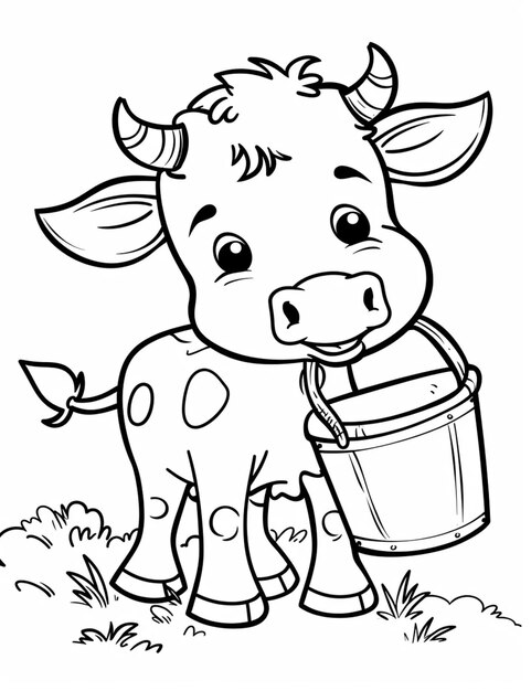 a black and white cow with a bucket of milk generative ai