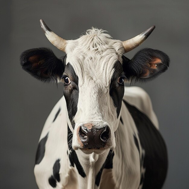 a black and white cow with a tag on its ear