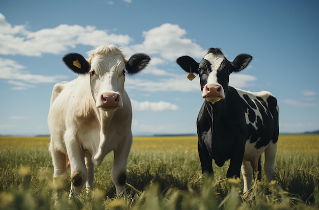 Photo black and white cows on a green field vintage style