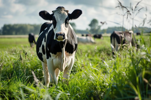 Black and white cows in sunny Dutch field