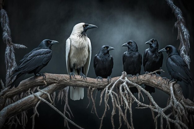 Black and white crows ravens on a branch Generative AI