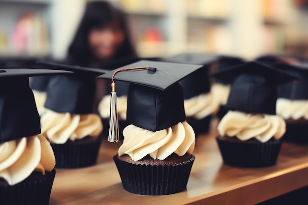 위쪽 선택적 초점에 졸업 이 있는 검은색과 색 컵케이크
