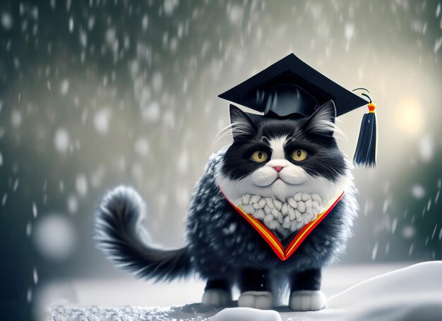 Black and White cute cat with graduation cap and degree