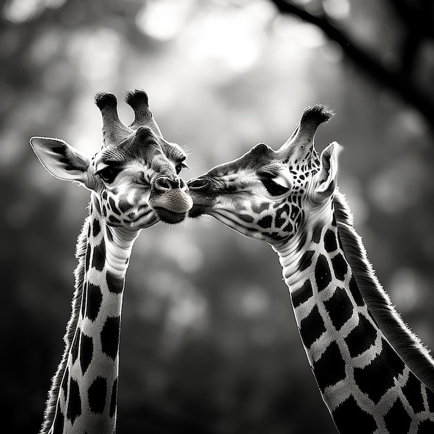 Black and white cute giraffe couple in love