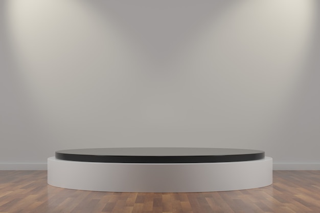 Black and white cylinder podium in white wall wooden floor room