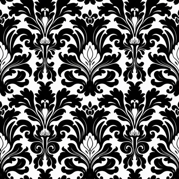 a black and white damask pattern with swirls and leaves generative ai