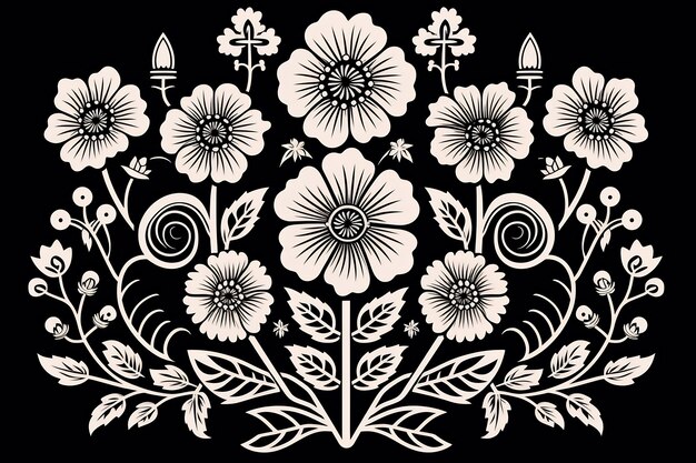 a black and white design with flowers and a key.