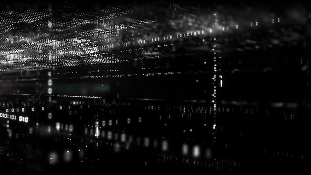 black and white digital cyberspace with particles and digital data network connections. 