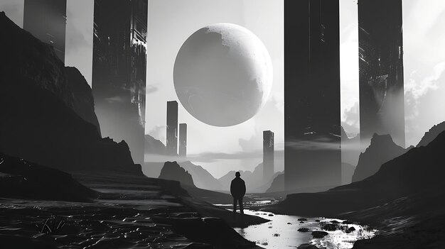 Photo black and white digital painting of a lonely figure standing in a vast alien landscape